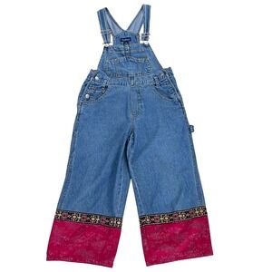 Denim Overalls Cropped Wide Leg Asian Print Hem Size Medium - READ